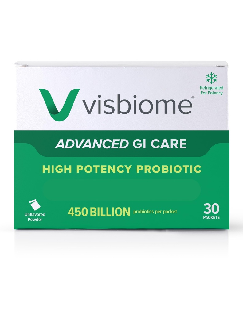 Visbiome® Advanced GI Care - Probiotique haute puissance 450 milliards de force - 30 paquets de poudre non aromatisée - Formulation originale De Simone - Expédié froid dans un refroidisseur recyclable avec moniteur de température.