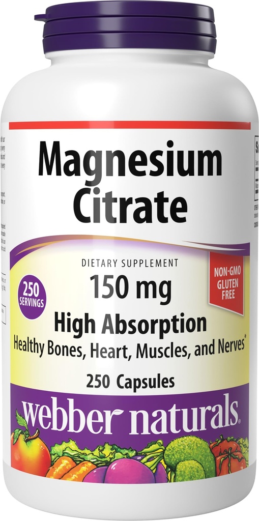 Webber Naturals Citrate de magnésium, 150 mg par gélule, 250 capsules, haute absorption, aide à soutenir les os, les dents et la fonction musculaire et cardiaque appropriée, sans gluten et sans lait