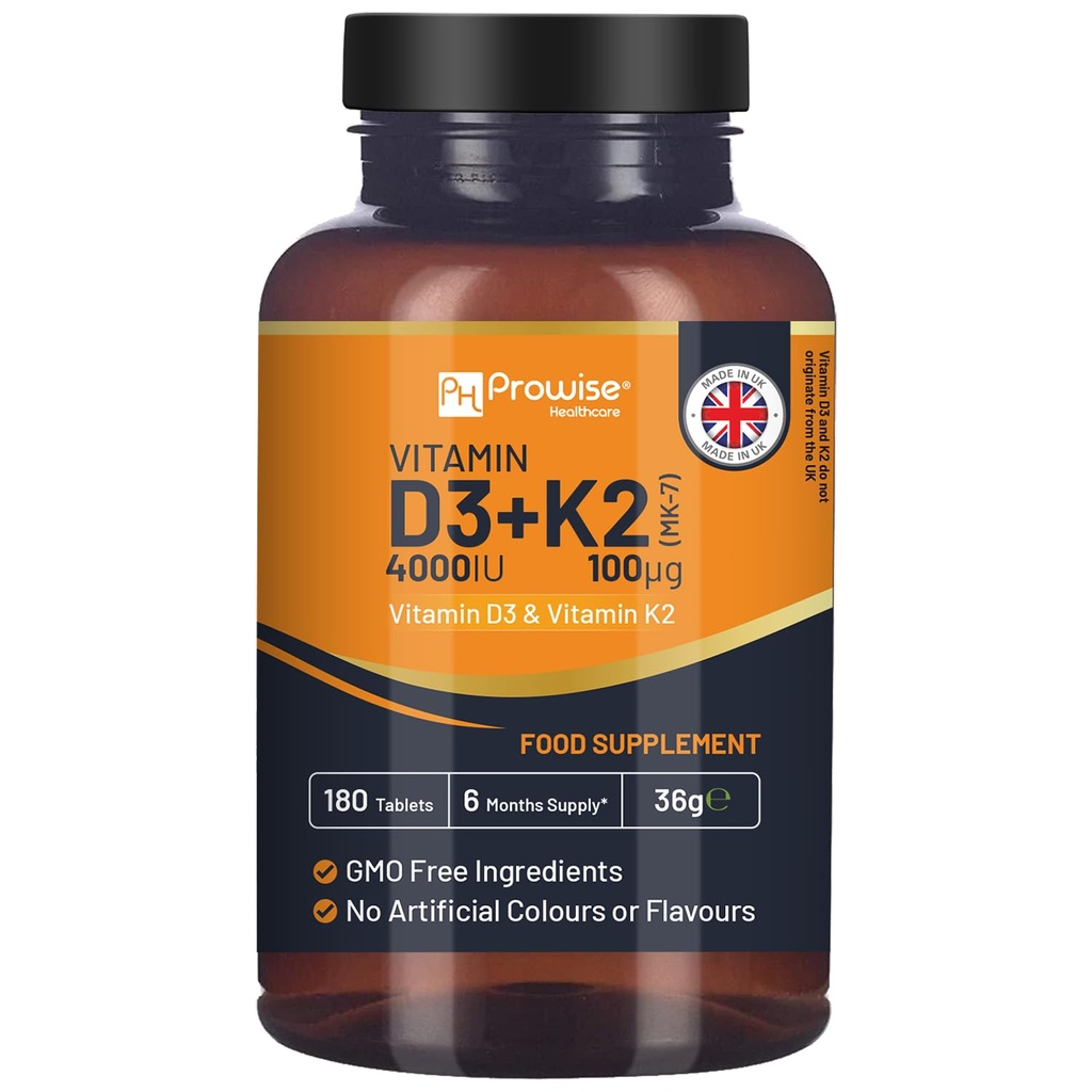 Vitamin D3 4000IU & K2 MK7 100μg Vegetarische Tabletten I 180 (6 Monate Versorgung) I Einfach zu spülen Ergänzung für Immununterstützung, Kalzium Boost, Knochen & Muskel I Made in UK von Prowise Healthcare