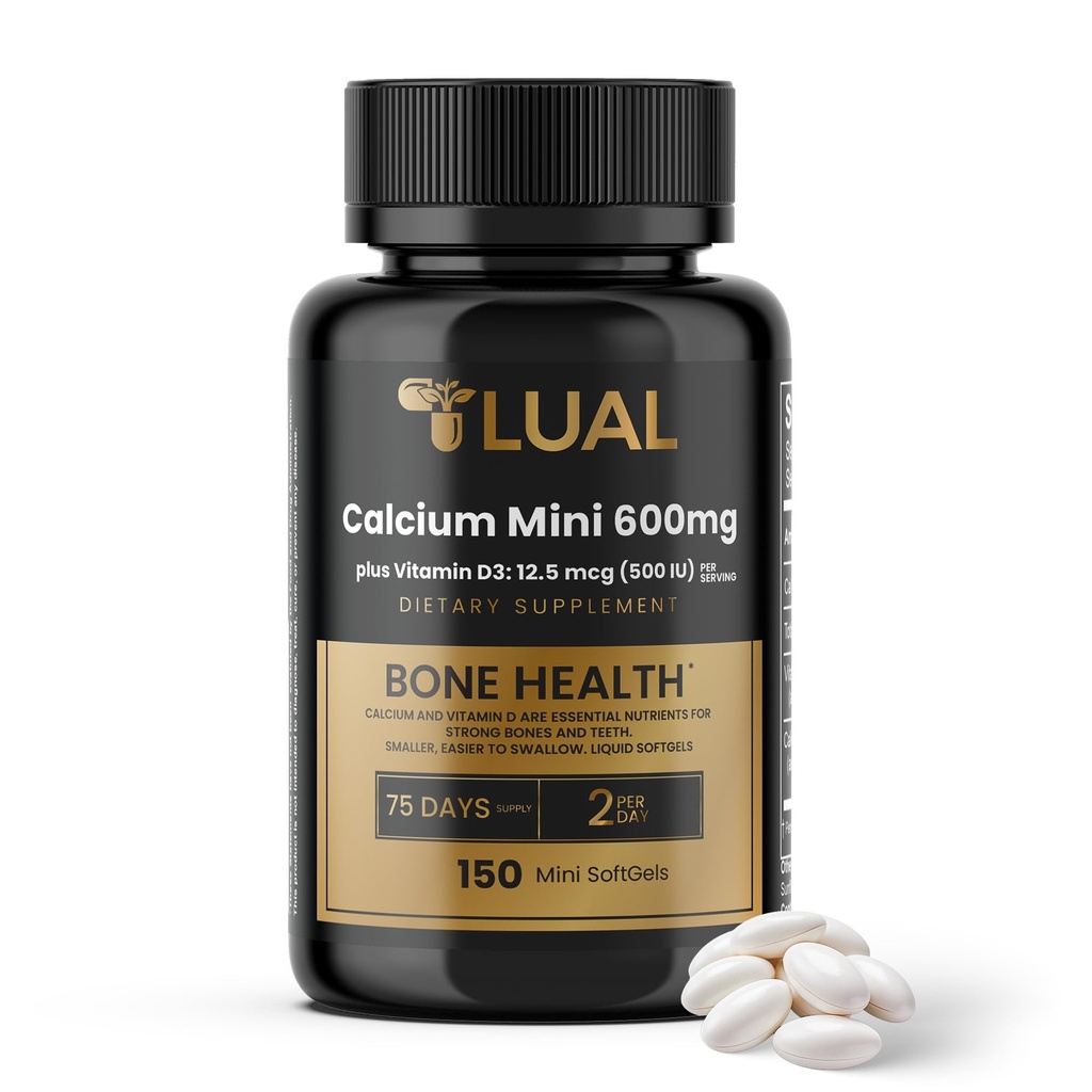 LUAL Calcium Minis 600 mg mit Vitamin D3 - Knochen & Muskelunterstützung - 150 Mini Softgels - einfach zu schlucken - Calcium & D3 für starke Knochen &amp; Mobilität