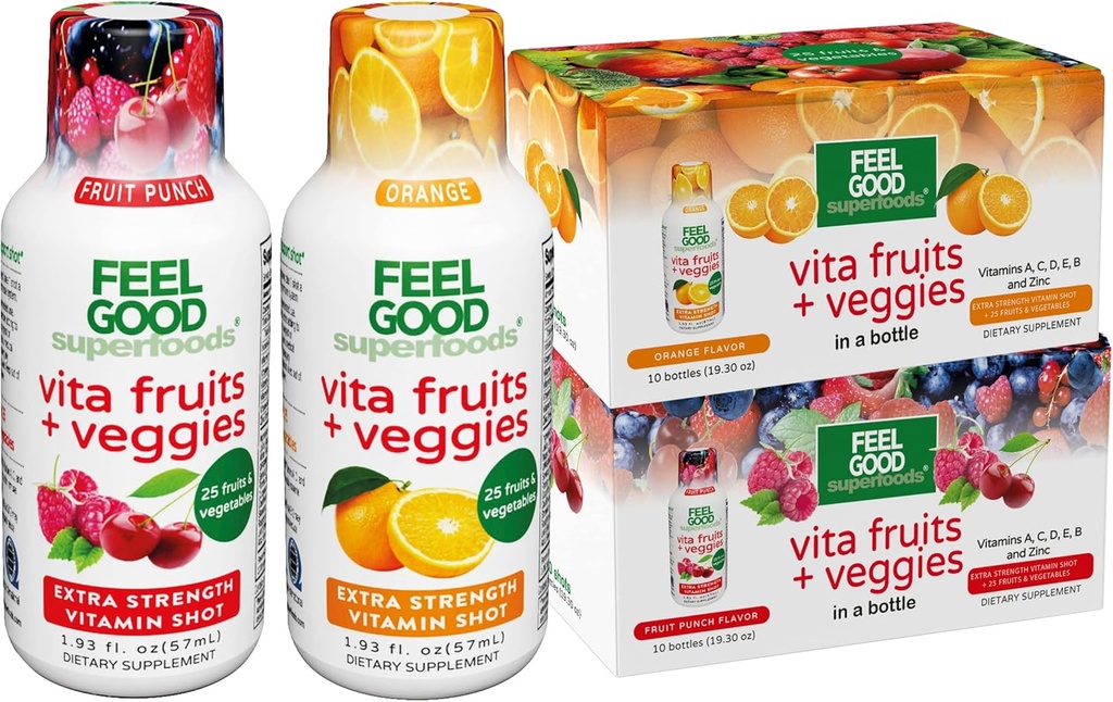 FeelGood Superfoods Vita Fruits and Veggies Immun Support Shot Supplements, 25 Bio-Fruchten und Veggies, Bereit, Immunität Booster, Orange und Obst Punch Flavor, Combo Pack von 20 zu trinken