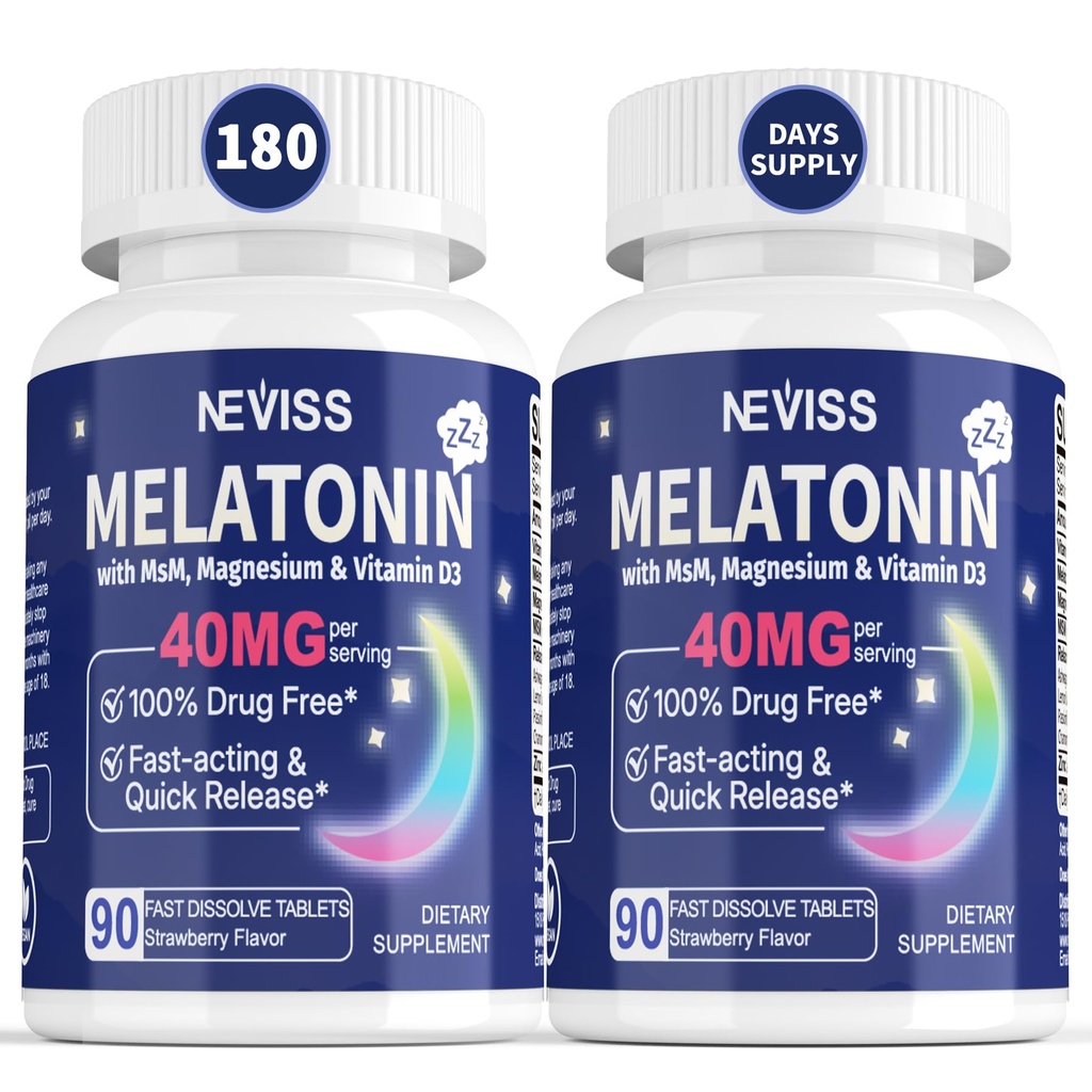 Mélatonine 40 mg pour adultes - Supplément de sommeil sublingual dissolve et à croquer - Mélatonine extra-forte avec vitamine D3 et MSM, Sélénium pour le cycle de repos, Zzz profonds, sans sucre, 180 portions