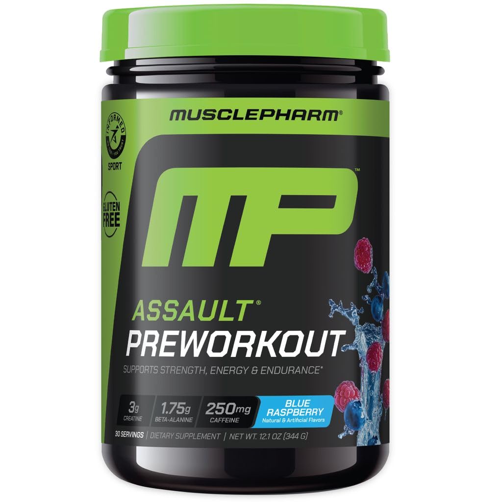 MusclePharm Assault Poudre de préentraînement pour les hommes et les femmes – Suppléments de préentraînement pour l'énergie et la force avec Beta Alanine, Caféine, Créatine et Betaine Anhydre – 30 portions, Blue Raspberry Flavor