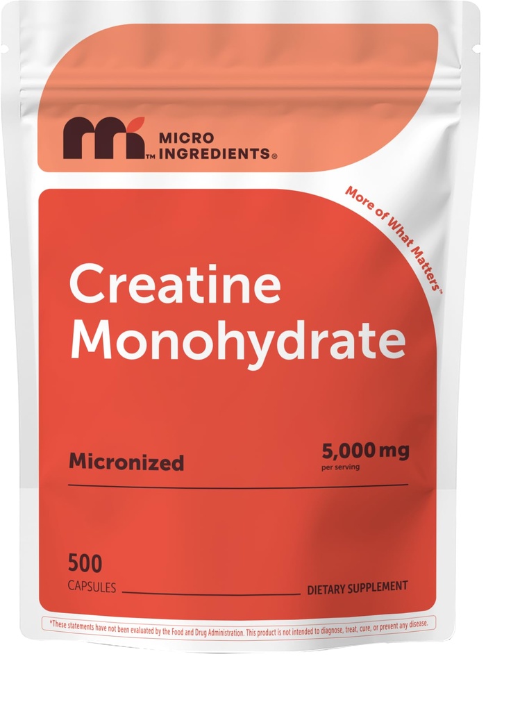 Créatine monohydratée 5 000mg, 500 capsules – Micronised + source de poudre non aromatisée, absorption facile