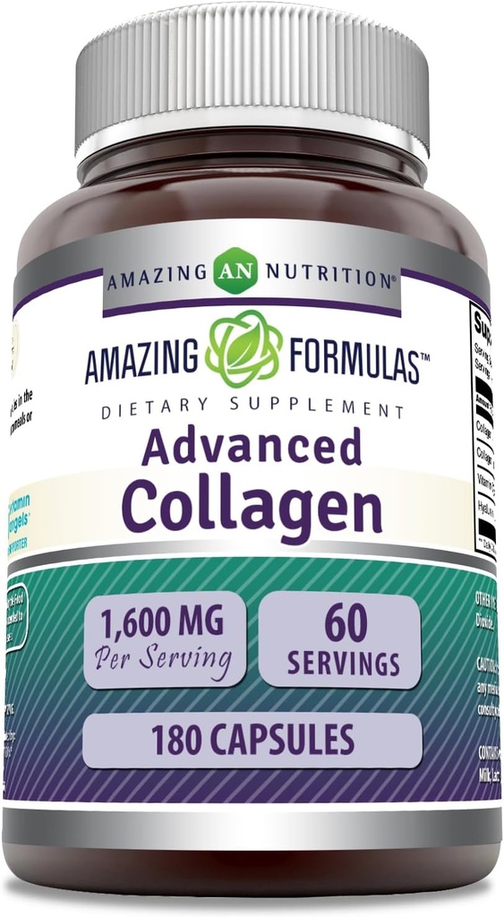 Erstaunliche Formeln Advanced Collagen Supplement | Collagen Type I, II & III, mit Vitamin C & Hyaluronsäure | 1600 Mg pro Servieren | 180 Kapseln | Non-GMO | Gluten-Free | Made in USA