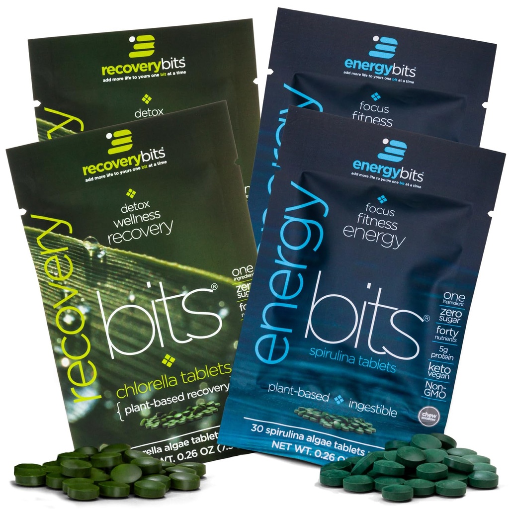 ENERGYbits/RECOVERYbits - Bio Spirulina & Chlorella Tablets - Single Servieren Sample Packs - Algae Superfood - High Protein, Chlorophyll - Self Care - Vegan, Keto, Gluten Free - 4 Bags, 30/Bag