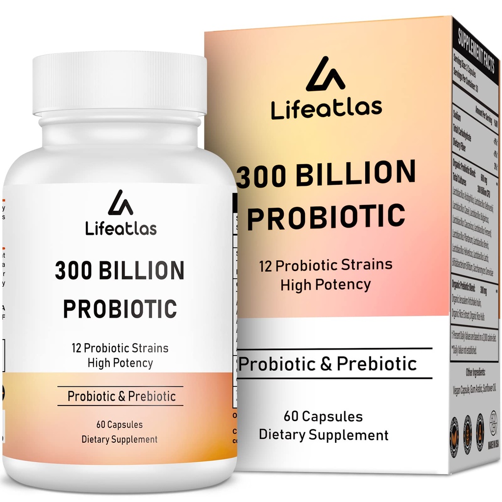300 Billion CFU Probiotics - Probiotika für Frauen und Männer, 12 Probiotische Strains Plus Präbiotikum, für Immune & Digestive, Gut Health, Gas Bloating, Regal Stabil - 60 Caps