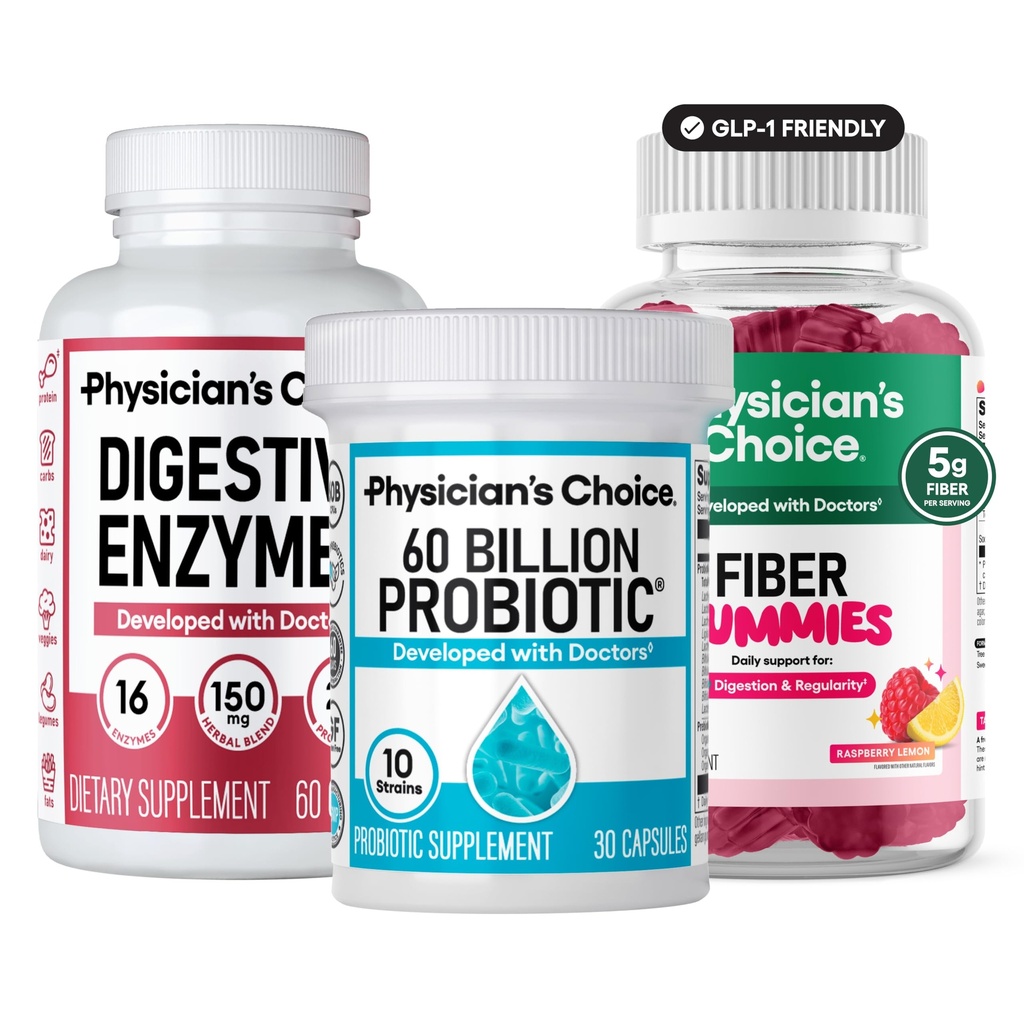 Physician's CHOICE Complete Gut Health Bundle for Bloating, Digestive Health, Immune, & GLP-1 Support - 60 Billion Probiotic 30CT + Digestive Enzymes 60CT + Prebiotic Fiber Gummies 60CT