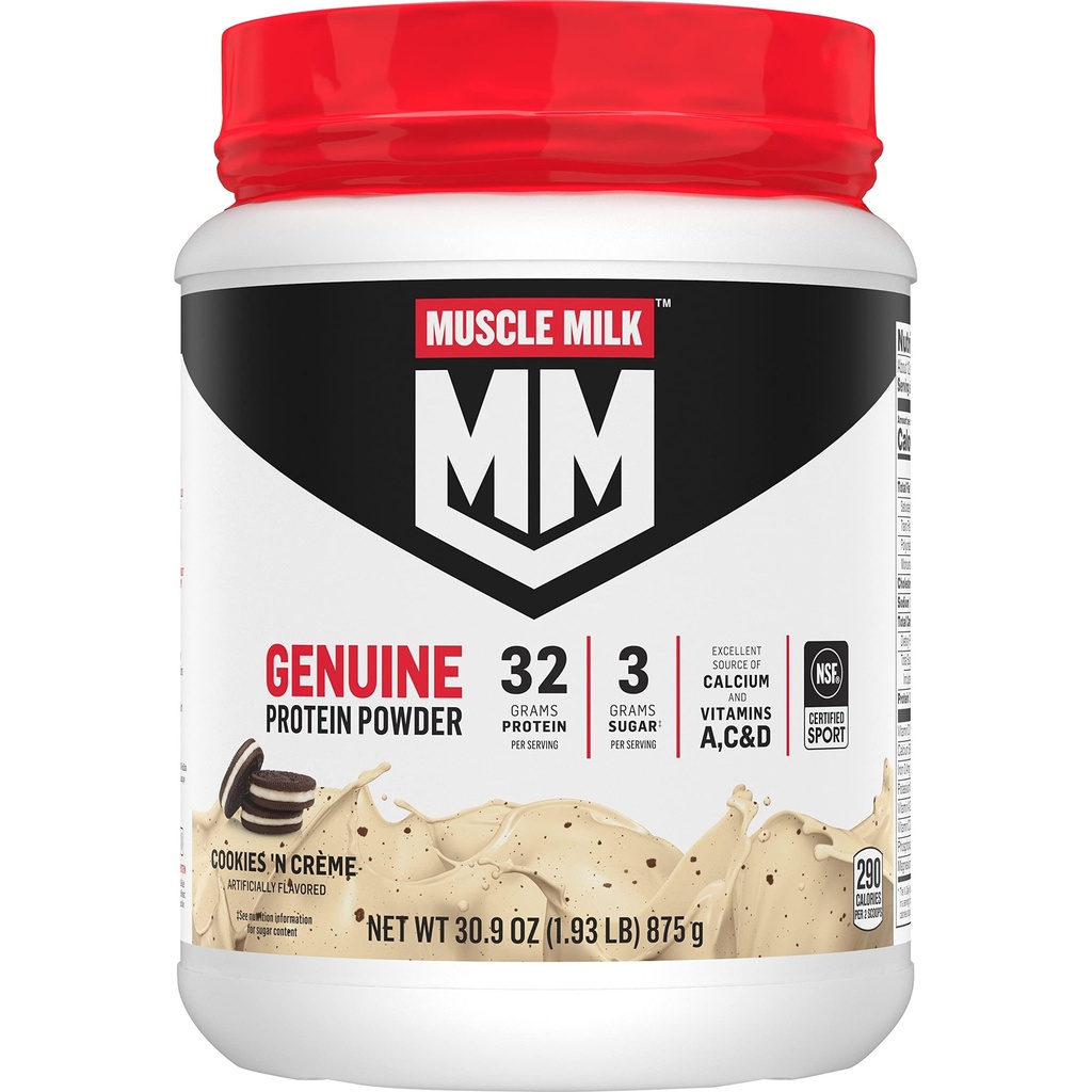 Muscle Milk Genuine Protein Powder, Cookies 'N Crème, 1.93 Pfund, 13 Portionen, 32g Protein, 3g Zucker, Kalzium, Vitamine A, C & D, NSF zertifiziert für Sport, Energizing Snack, Packaging May Vary