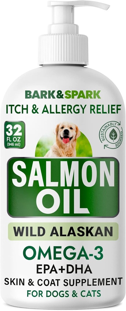 BARK&SPARK Lachsöl für Hunde & Katzen - Natürliches Omega-3 Fischöl für Hunde - Haut- & Coat-Unterstützung - Flüssige Nahrungsergänzung für Haustiere - EPA+DHA Fettsäuren für Gelenkfunktion, Immun- und Herzgesundheit 32oz