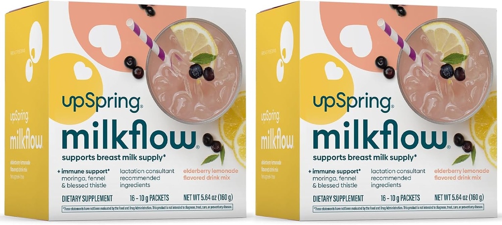 UpSpring Milchfluss Immununterstützung Stillende Ergänzung Getränke Mix Fenugreek-frei, Moringa | Elderberry Lemonade Flavor | Lactation Supplement zur Unterstützung Brustmilchversorgung | 2 Pack