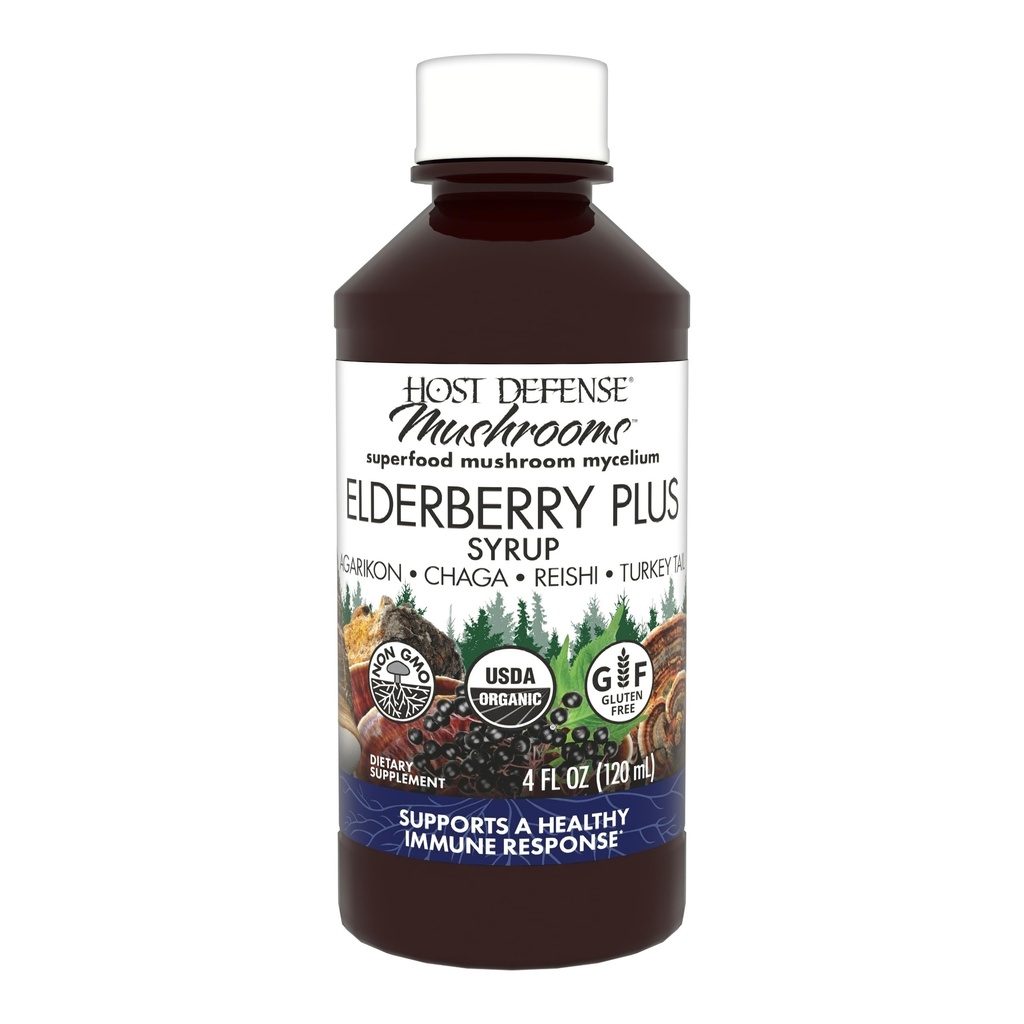 Host Defense Elderberry Plus Syrup - Immune, Respiratory & Lung Support Supplement* - Liquid Mushroom Supplement mit Turkey Tail, Reishi, Agarikon & Chaga* - 4 fl oz (12 Servierungen)