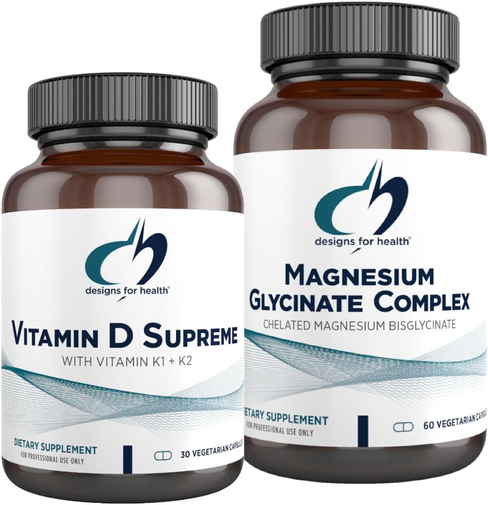 Designs for Designs for Health Magnesium Glycinate Complex (60 Kapseln) & Vitamin D Supreme (30 Softgels) - High Absorption Magnesium mit 5000 IU Vitamin D3 und Vitamin K2 / K1 - Knochen, Immun & Stimmung