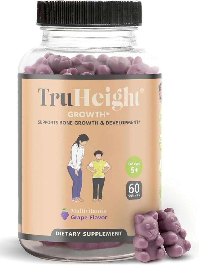 Gummies de croissance TruHeight (Grape) Supplément naturel de croissance et de développement pour les enfants et les adolescents - Vitamine D, K, Calcium et Ashwagandha - Vitamines de force osseuse D3 K2 - Vitamine piquante pour les enfants - 5 ans et plus