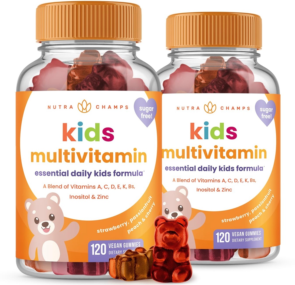 NutraChamps 120 Vitamines Gummy pour enfants (paquet de 2), Vitamines Gummy sans sucre Multivitamines Gummy, Vegan & Non-GMO, Fraise, Fruit Passionné, Pêche & Cerise