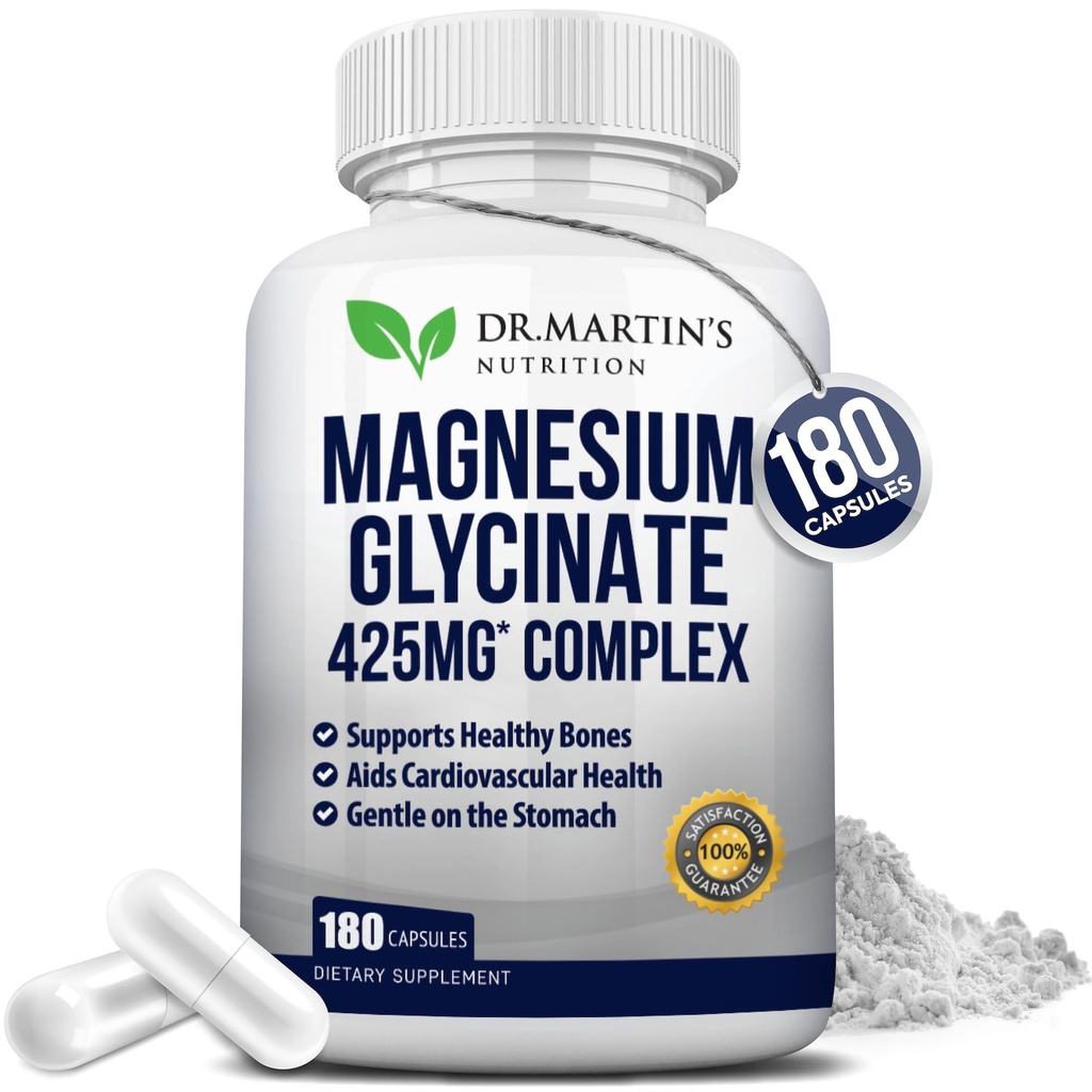 Premium Magnesium Glycinate 425mg - 180 Vegan Kapseln - Hilft mit Stress Relief, Schlaf, Muskelkrämpfe & Gesundes Herz |