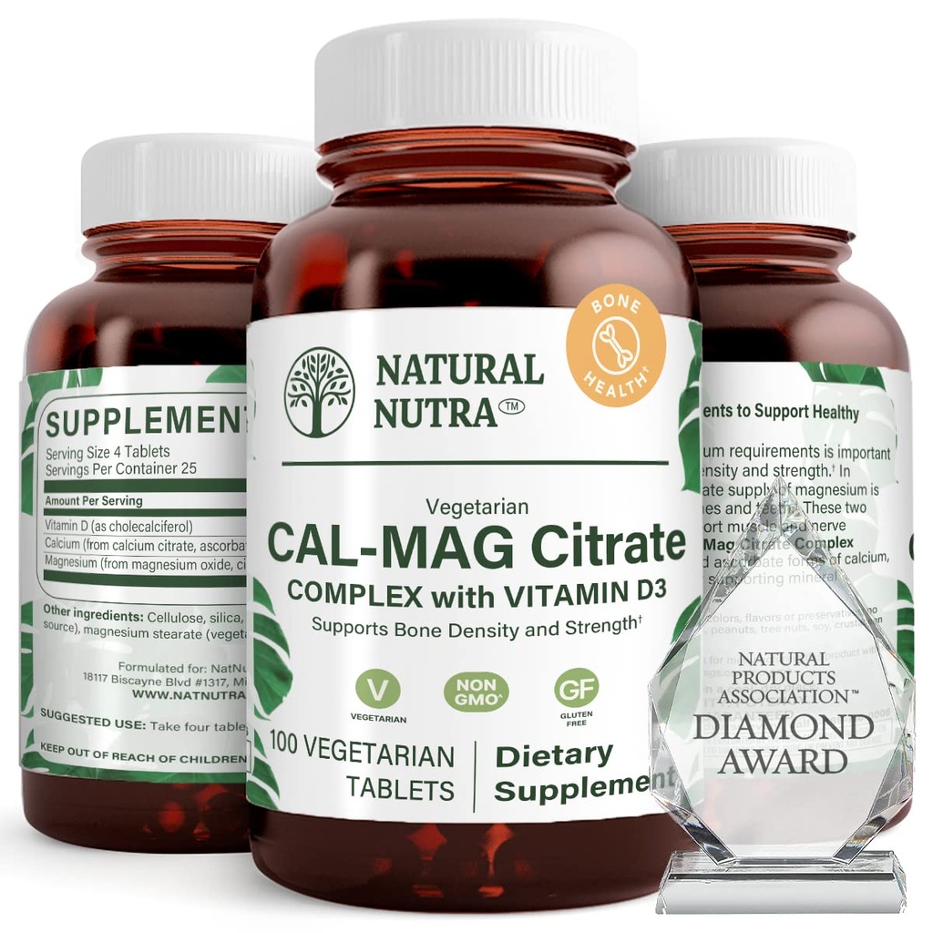 Citrate naturel Nutra Cal-Mag avec complexe de vitamine D3,1000/500 mg, renforcer la densité osseuse, la santé musculaire et nerveuse, aider à maintenir des dents saines, sources hautement biodisponibles, 100 comprimés végétaliens