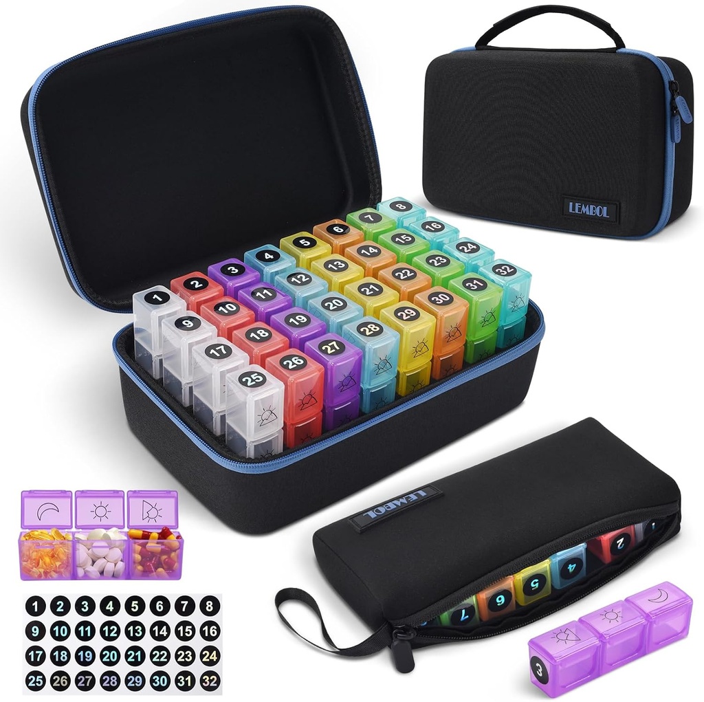 Mensuel Pill Organizer 3X par jour avec Portable 7-Day Travel Medicine Organization Bag, Grande boîte à pilules avec 32 compartiments quotidiens, 30 Day Pill Case Medicine Organizer for Vitamine, supplement and Medicament