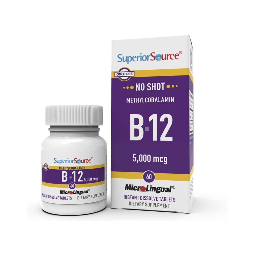 Source supérieure Pas de shot méthylcobalamine B-12 5000 mcg - Vitamine B-12 pour soutenir la production d'énergie, la santé cérébrale et le mieux-être général - Comprimés sublinguals pour l'absorption rapide - 60 comprimés de dissolution