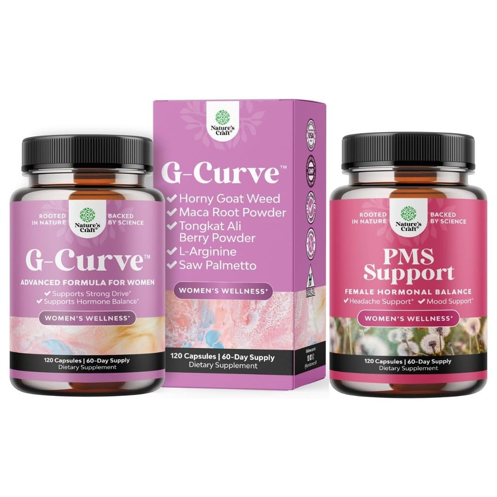 Bundle of G-Curve Butt and Breast Support Capsules - Horny Goat Weed Muira Puama & Maca Root and PMS Support Supplement for Women – Hormone Balance with DIM, Chasteberry, Black Cohosh & Ashwagandha