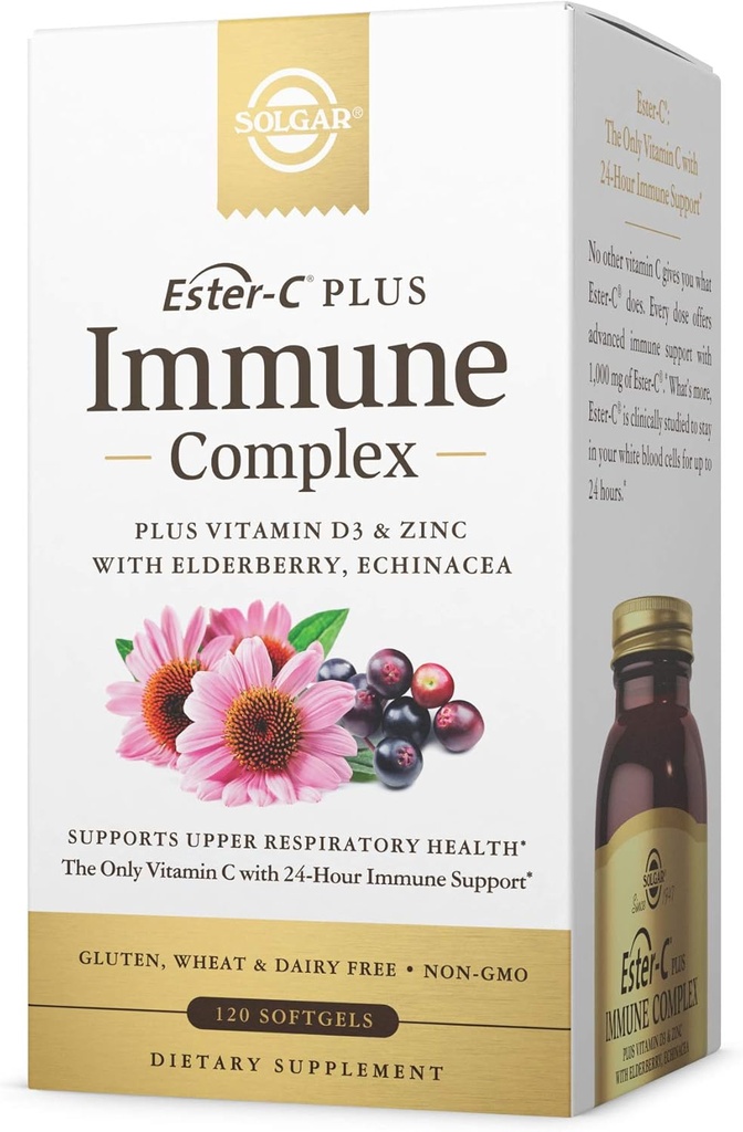 Solgar Ester-C Plus Immunkomplex -120 Softgels, 24-Stunden Immununterstützung, Unterstützt Obere Respiratorische Gesundheit - Plus D3, Zink, Elderberry & Echinacea - Non-GMO, Glutenfrei, Dairy Free - 60 Servietten,
