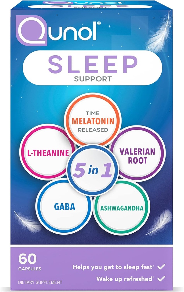 Qunol Sleep Support, 5 in 1 Non-Habit Forming Sleep Aid, Supplement mit zeitveröffentlichtem Melatonin 5mg, Ashwagandha, GABA, Valerian Root, L-Theanine, 60ct Capsules