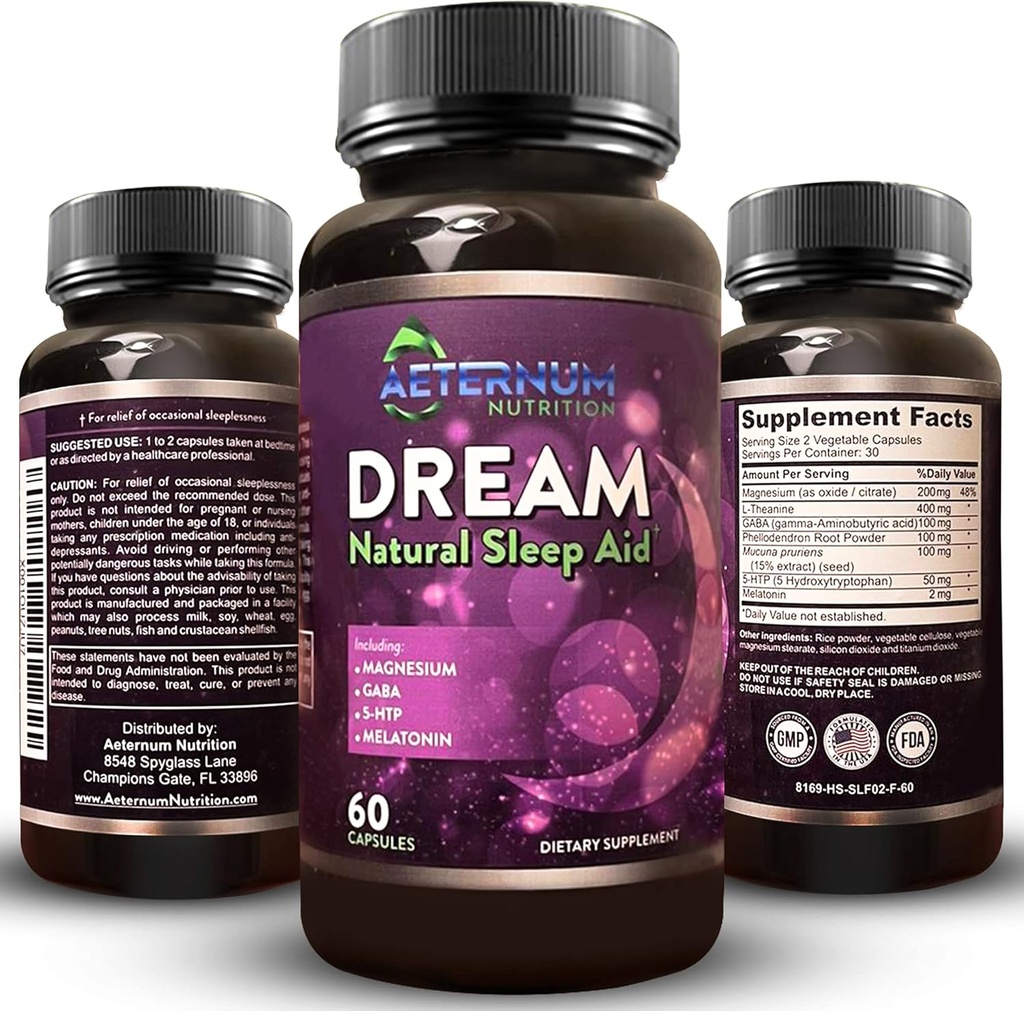 Supplément de sommeil naturel de rêve pour adultes – Sommeil relaxant, réveil reposé - Capsules d'aide au sommeil sans habitude sans sucre, glucides - Mélatonine, Magnésium, 5HTP, L-Theanine, GABA- Non-GMO 60 Pills de couchage
