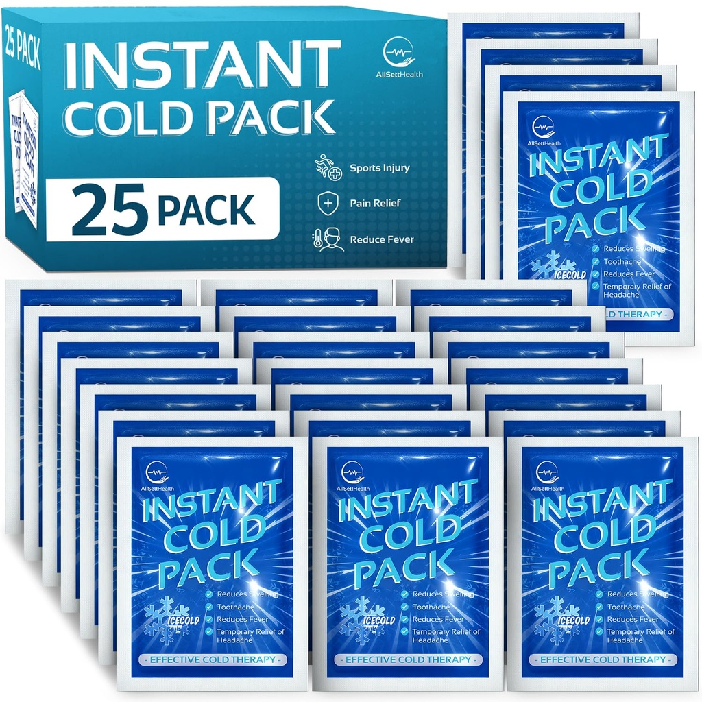 25 Pack Instant Ice Packs for Injuries, Disposable First Aid Cold Packs | No Freezer Needed, 6"x4.5" Instant Cold Packs for Injuries, Disposable Ice Packs for Kids, Postpartum Cold Compress