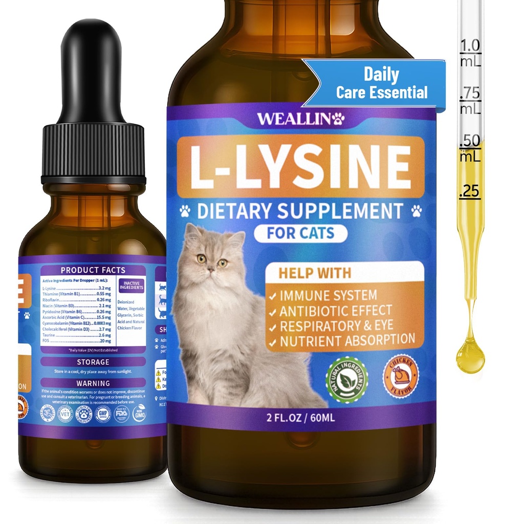 L-lysine Supplement for Cats, Immune Support for Cats, Chicken Flavor 60ml | Support for Feline Respiratory, Sneezing, Runny Nose, Eye Function, Helps Strengthen Natural Defenses