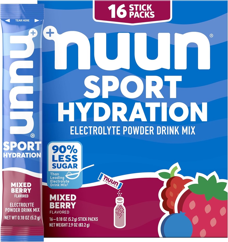 Nuun Sport Elektrolyt-Pulver-Packets mit Magnesium, Kalzium, Kalium, Chlorid und Natrium, Hydration-Packets für On-The-Go, gemischte Berry Flavor, Gluten Free & Vegan, 16 Single Servings