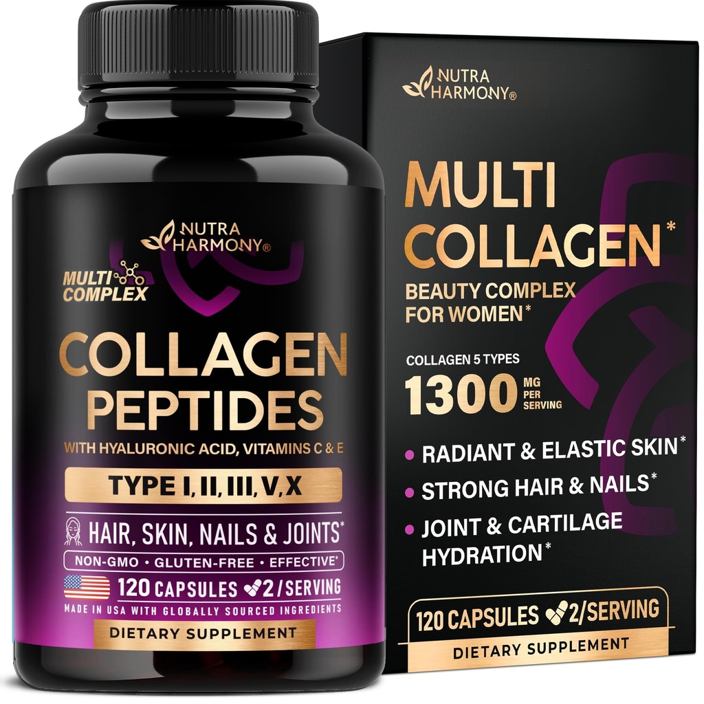 Multi Collagen Peptide - Hydrolysierte Typen I, II, III, V & X - Collagen Supplement für Damen 1300mg - w/ Hyaluronsäure, Vitamine C & E - Haut, Haar, Nägel & Gelenkunterstützung - Made in USA, 120 Kapseln