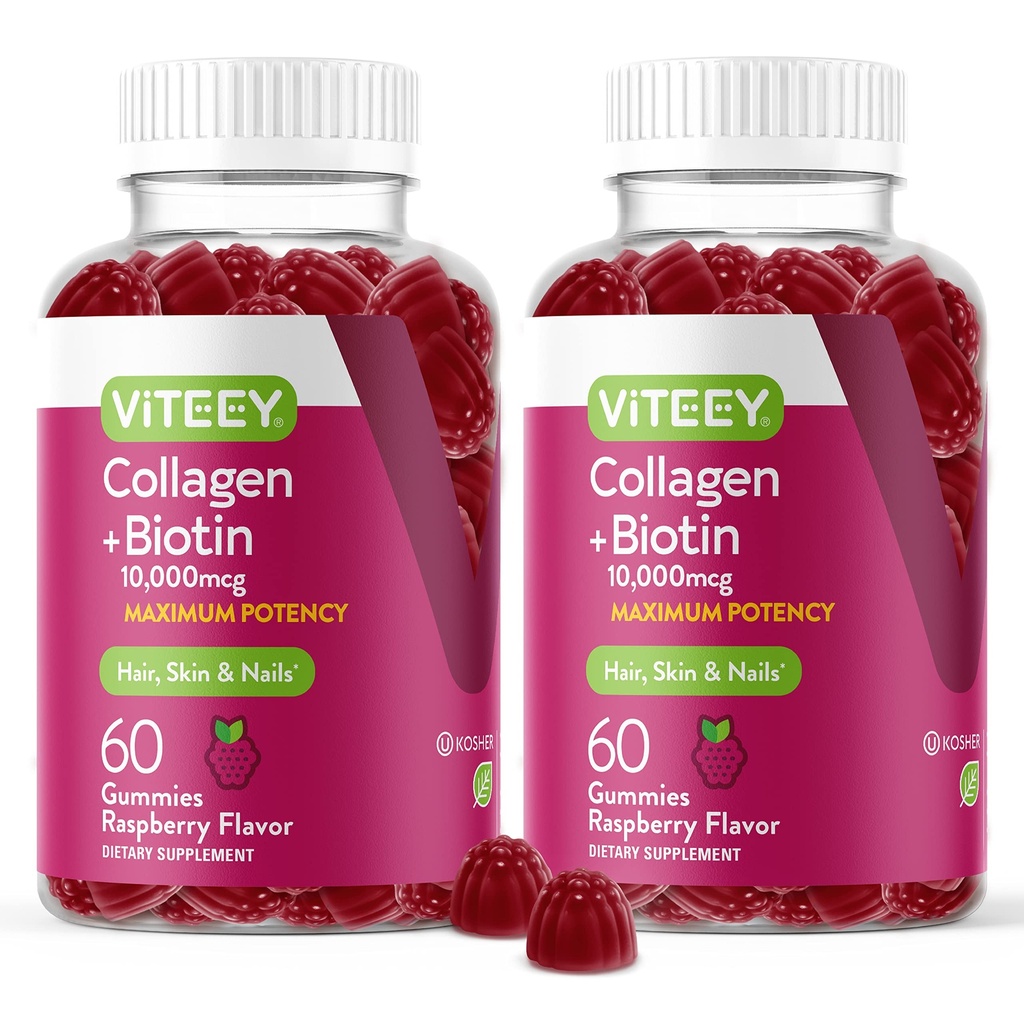 Gommies de collagène Viteey avec Gommies de biotine pour la peau des cheveux et les ongles Vitamines - Suppléments de biotine et de collagène pour les femmes et les hommes - Vegan, sans gluten – 120 Nombre