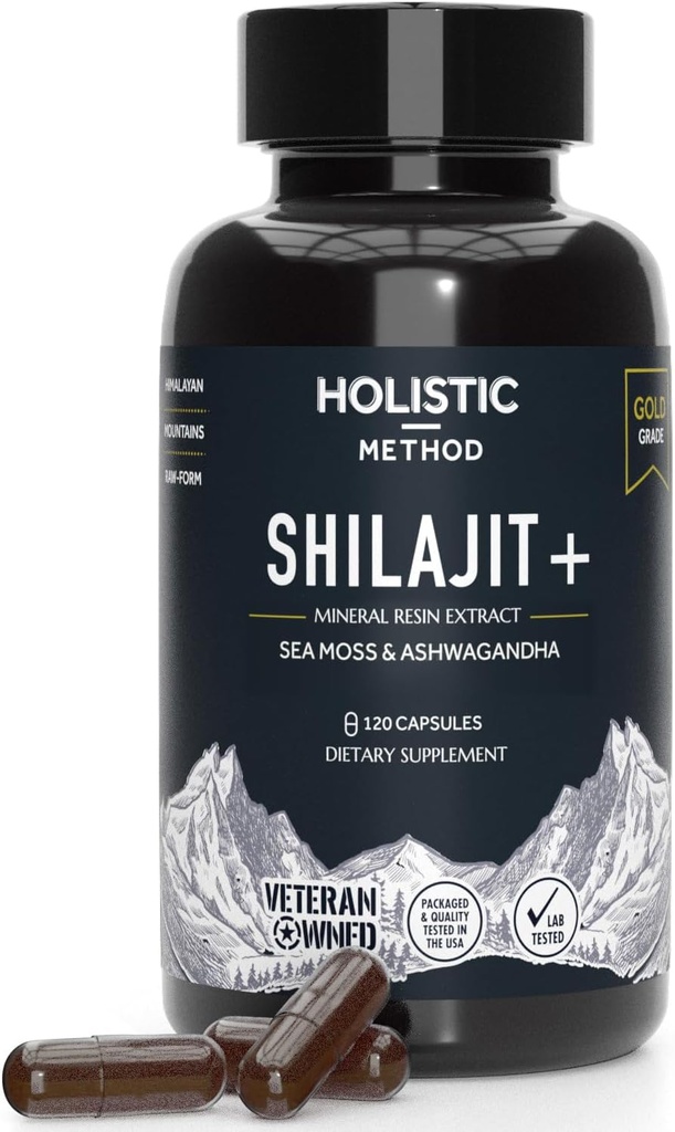Pure Himalayan Shilajit pour les hommes et les femmes - 120 capsules de résine Shilajit avec la mousse de mer, Ashwagandha, Rhodiola et Ginko Biloba - Promote le boost énergétique et le soutien immunitaire (120 comte)