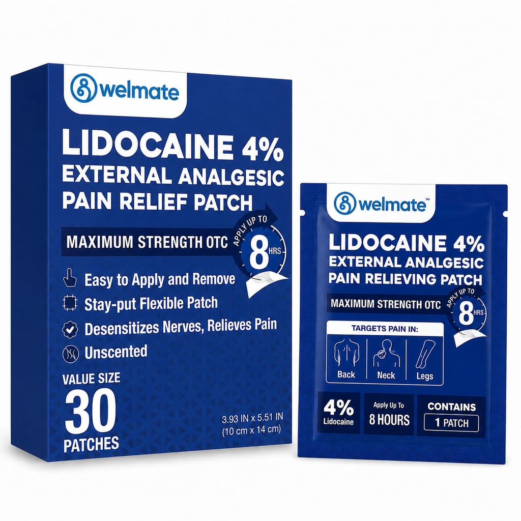 WELMATE - 4% Lidocaine Numbing Patch - Maximale Stärke - Temporäres Relief von Schmerz, Rücken, Hals, Schultern, Knie, Ellenbogen, Minor Skin Irritations - Topical Analgesic Unscented - 30 ct