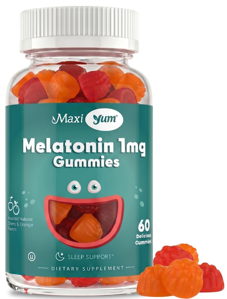 Maxi Health 1mg Melatonin Gummis – Kinder Melatonin Chewables mit natürlichem Kirschen & Orange Flavor – Erwachsenen- und Babyschlaf-Hilfe-Ergänzung zur Unterstützung restful Nights (60 Count)