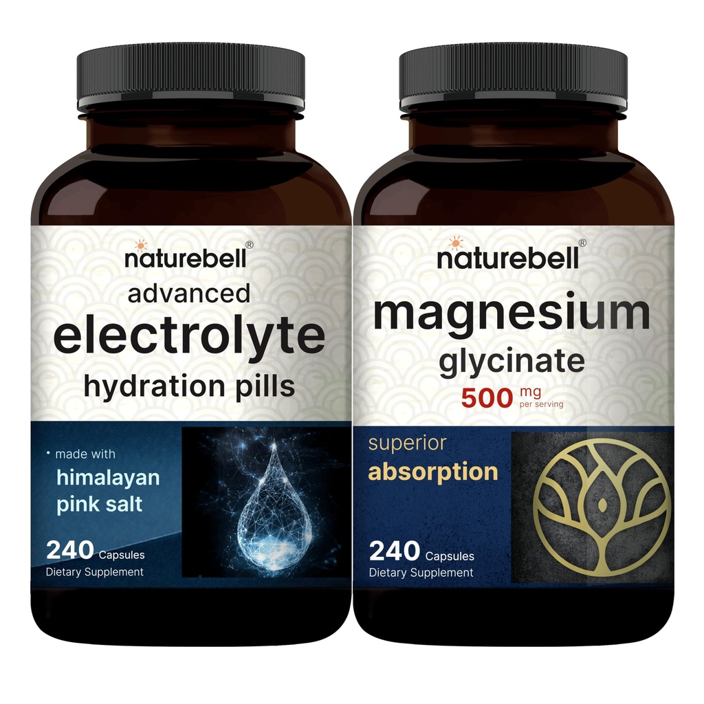 NatureBell Magnésium Glycinat Capsules 500mg & Advanced Electrolyte Hydratation Pills Bundle Pack
