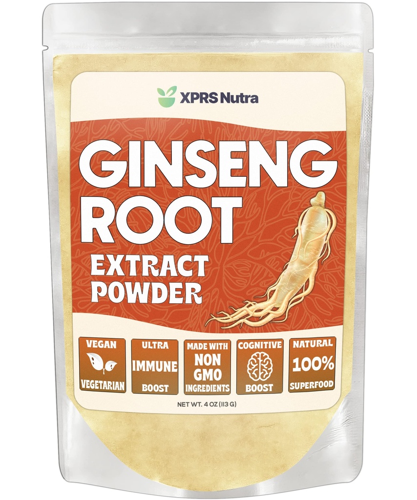 XPRS Nutra Ginseng Wurzel-Extrakt-Pulver - Ginseng Pulver unterstützt kognitive Funktion, körperliche Leistung und Immunsystem - Vegan Friendly Panax Ginseng in Pulverform (4 Unze)