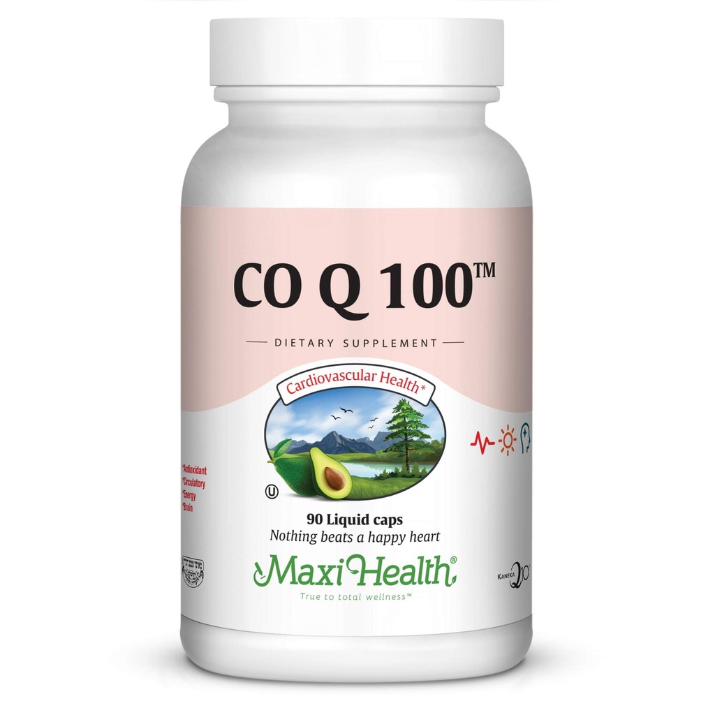 Maxi Health COQ10 100mg Capsules – 100mg Coenzyme Q10 pour le soutien du coeur et de l'énergie – Supplément CO Q 10 certifié Kosher – Suppléments de santé cardiaque sans OGM et sans gluten - 90 Capsules liquides