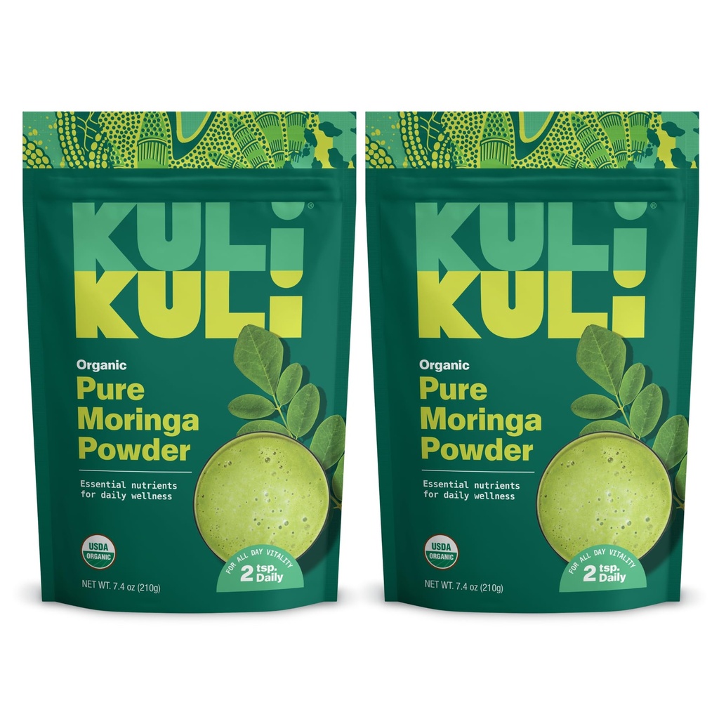 Kuli Kuli Moringa Oleifera Bio Blatt Pulver & Grün Smoothie, 100% reine USDA Certified & Non-GMO Moringa Pulver, Groß mit Glatteien, Tee und Essen, 2 Pack
