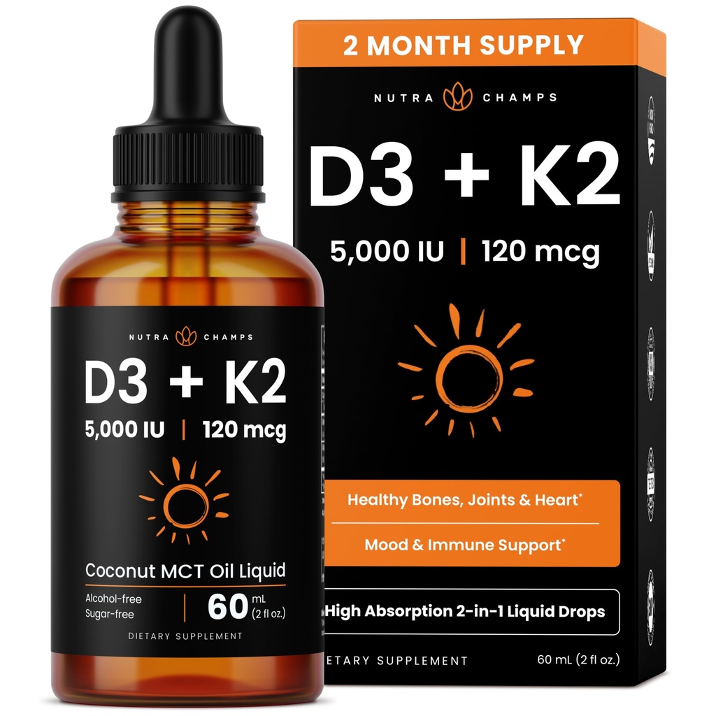 NutraChamps Vitamin D3 K2 Tropfen, flüssiges Vitamin D3 5000 IU & K2 D3 mit MK7, Vitamin D Tropfen für Kinder, Knochen, Herz- und Immungesundheit, flüssiges Vitamin D im MCT-Öl zur besseren Absorption
