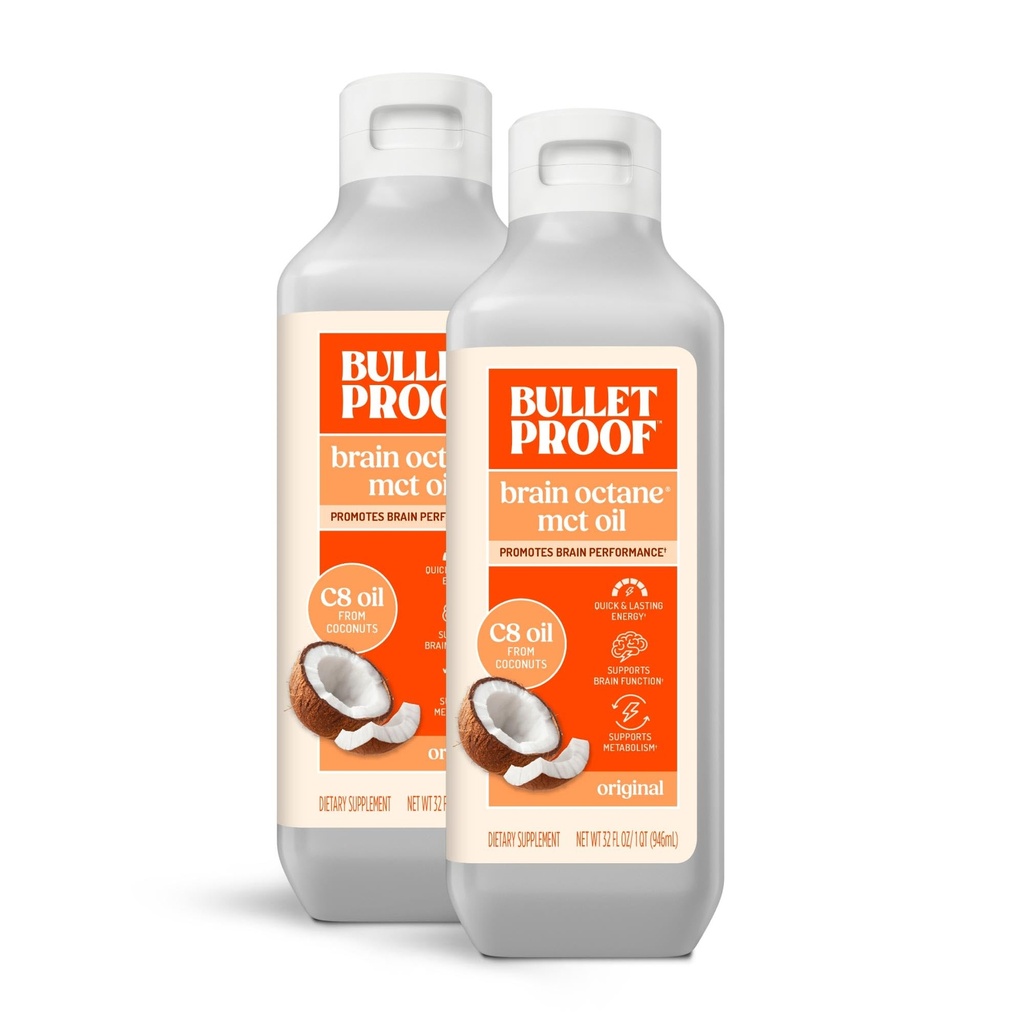 Bulletproof Brain Octane C8 MCT-Öl, 32 Unzen (Pack von 2), Keto-Ergänzung für nachhaltige Energie und Stoffwechselunterstützung, Verpackung Mai Vary