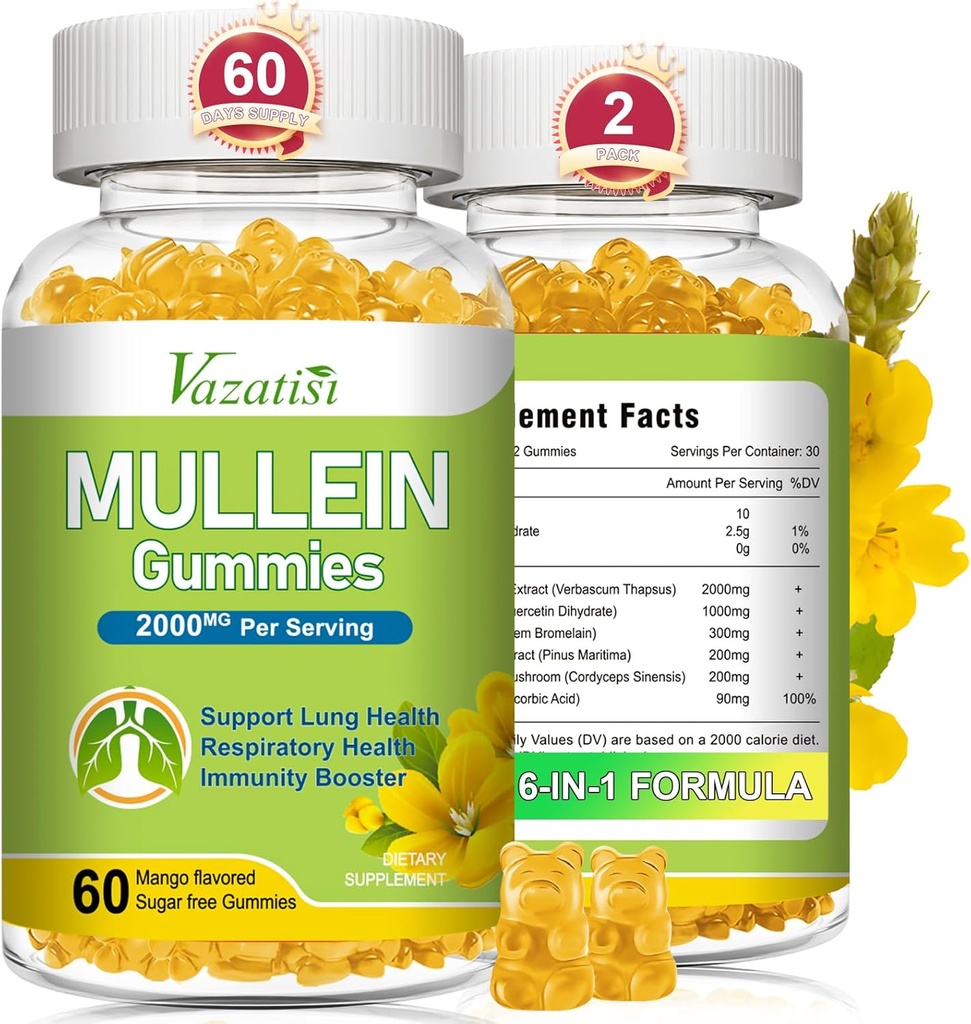 Mullein Gummies, Mullein Leaf Extract with Bromelain, Quercetin, Pine Bark Support Lung Cleanse for Healthy Breathing, 120ct