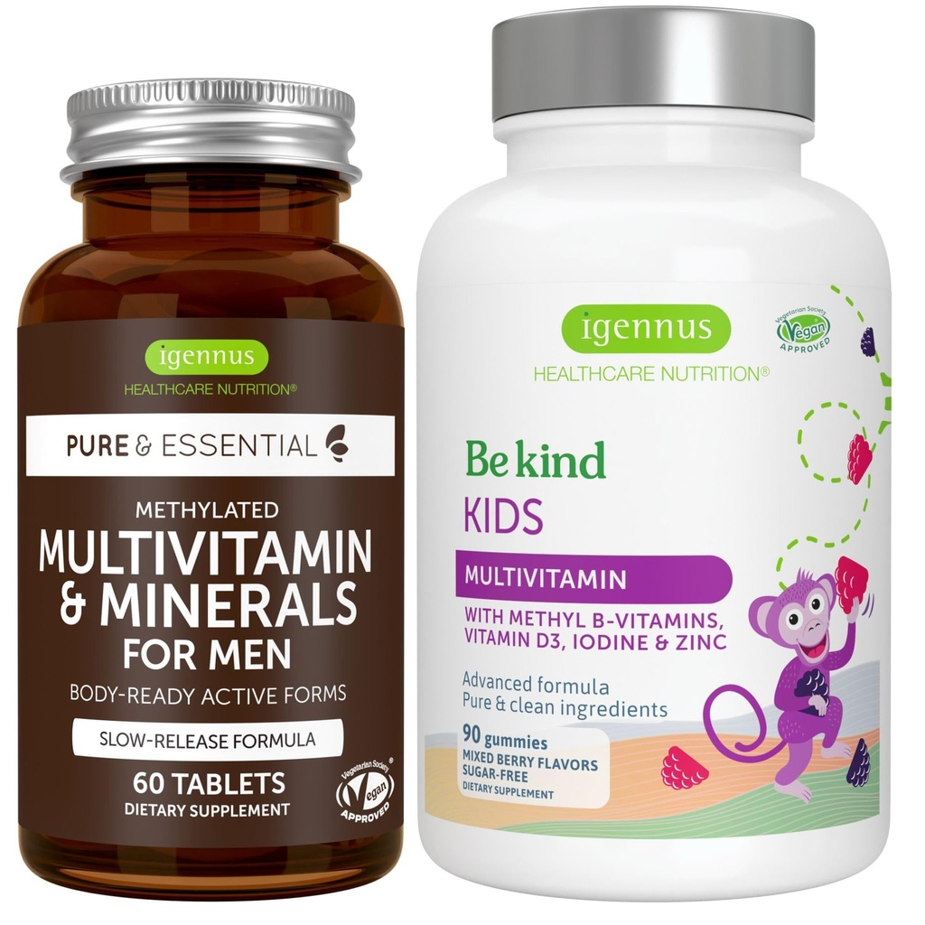Multivitamin & Minerals für Herren + Advanced Kids Multivitamin Gummy Vegan Bundle, mit methylierten B-Vitamins, Vitamin A, C, D3 & E, Clean Label, 60 Tabletten + 90 Berry Flavor Gummis, von Igennus