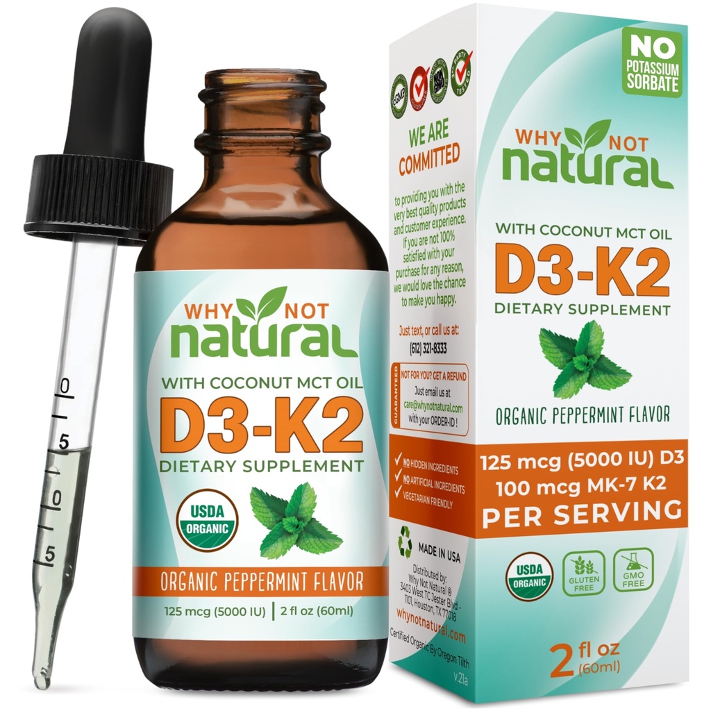 Warum nicht natürliches organisches Vitamin D3 K2 (MK-7) Flüssigkeitstropfen, 5000 IU sublingual D3 mit Kokosnuss-MCT-Öl, für starke Knochen und Zähne, Herz- und Immununterstützung