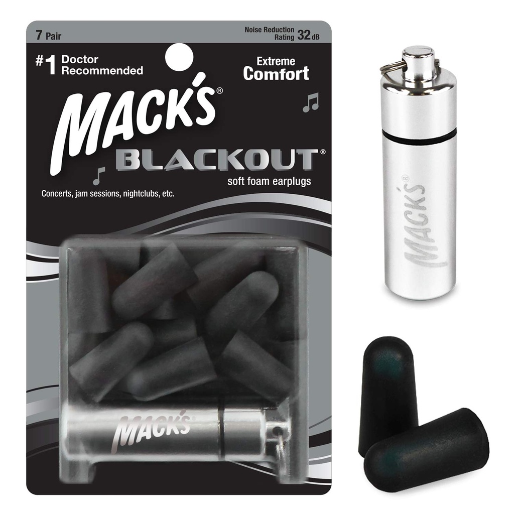 Mack's Blackout Soft Foam Earplugs, 7 Pair with Travel Case - 32 dB Highest NRR, Comfortable Ear Plugs for Concerts, Jam Sessions, Nightclubs, Loud Events and Shooting Sports