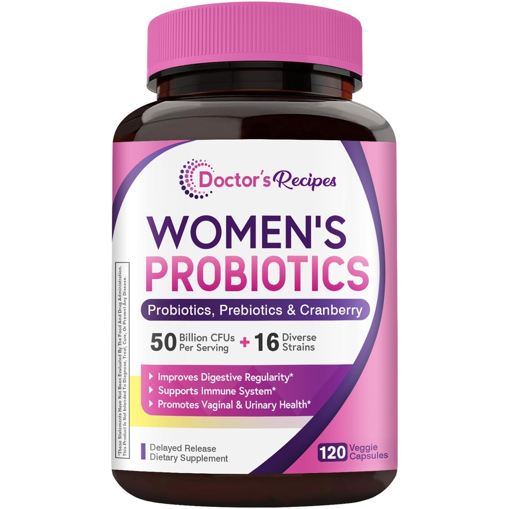 Arzt Rezepte Probiotische Frauen, 120 Caps 50 Milliarden CFU 16 Stämme, mit Organic Cranberry, Verdauungs Immune Vaginal & Harn Gesundheit, Regal stabil, verzögerte Freisetzung, keine Soja-Gluten-Milch