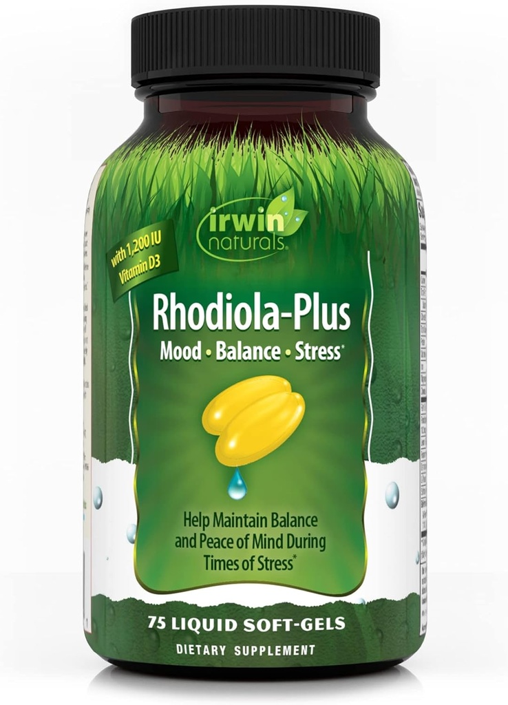 Irwin Naturals Rhodiola-Plus - 75 Liquid Soft-Gels - Aide à maintenir l'équilibre et la paix de l'esprit - avec L-Theanine, Vitamine D3 et Magnésium - 25 portions