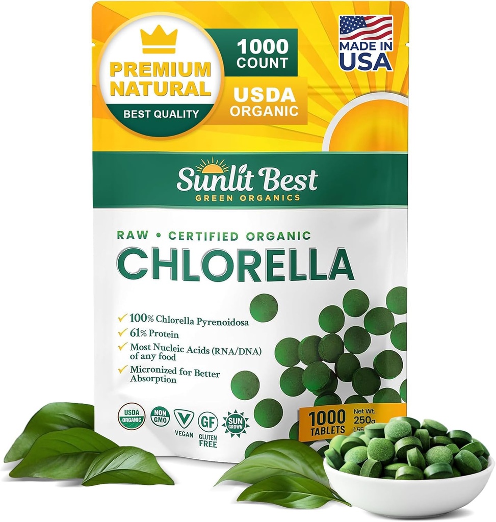 Sunlit Best USDA Organic Premium Chlorella Comprimés 1000 Count.