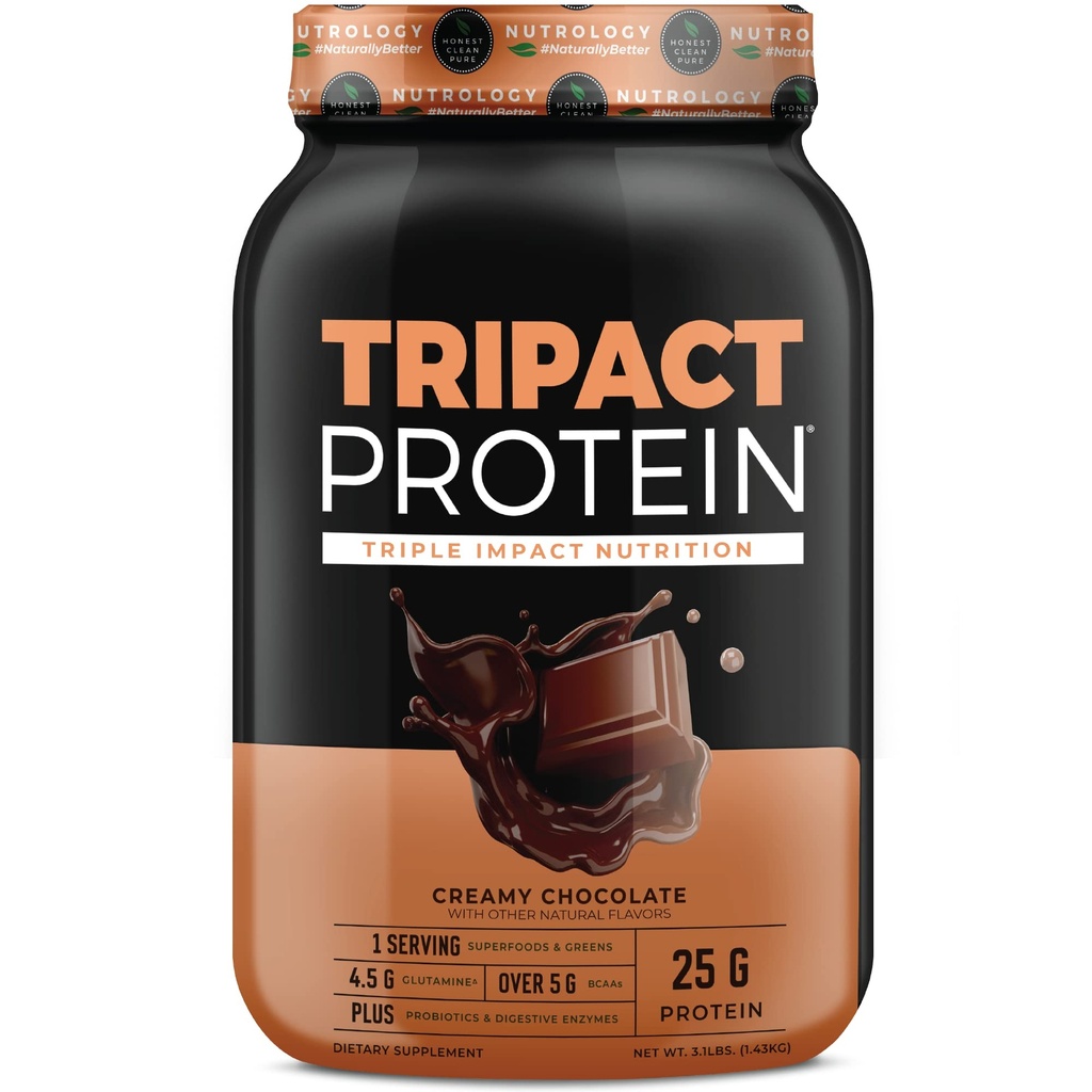 Nutrologie TRIPACT Protein Pulver - 7-in-1 Meal Ersatz Shake mit Gras Fed Whey Protein Pulver, Pea, Reis, Grüns für Muskel-Recovery & Immunität, Creamy Chocolate Flavor, 40 Servierungen