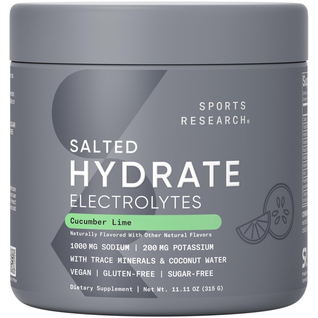 Sports Research® Salted Hydrate Electrolytes Cucumber Lime, 45 Servings | Limited Edition Summer Flavor with more Sodium for Better Hydration | Sugar-Free, Vegan, Non-GMO